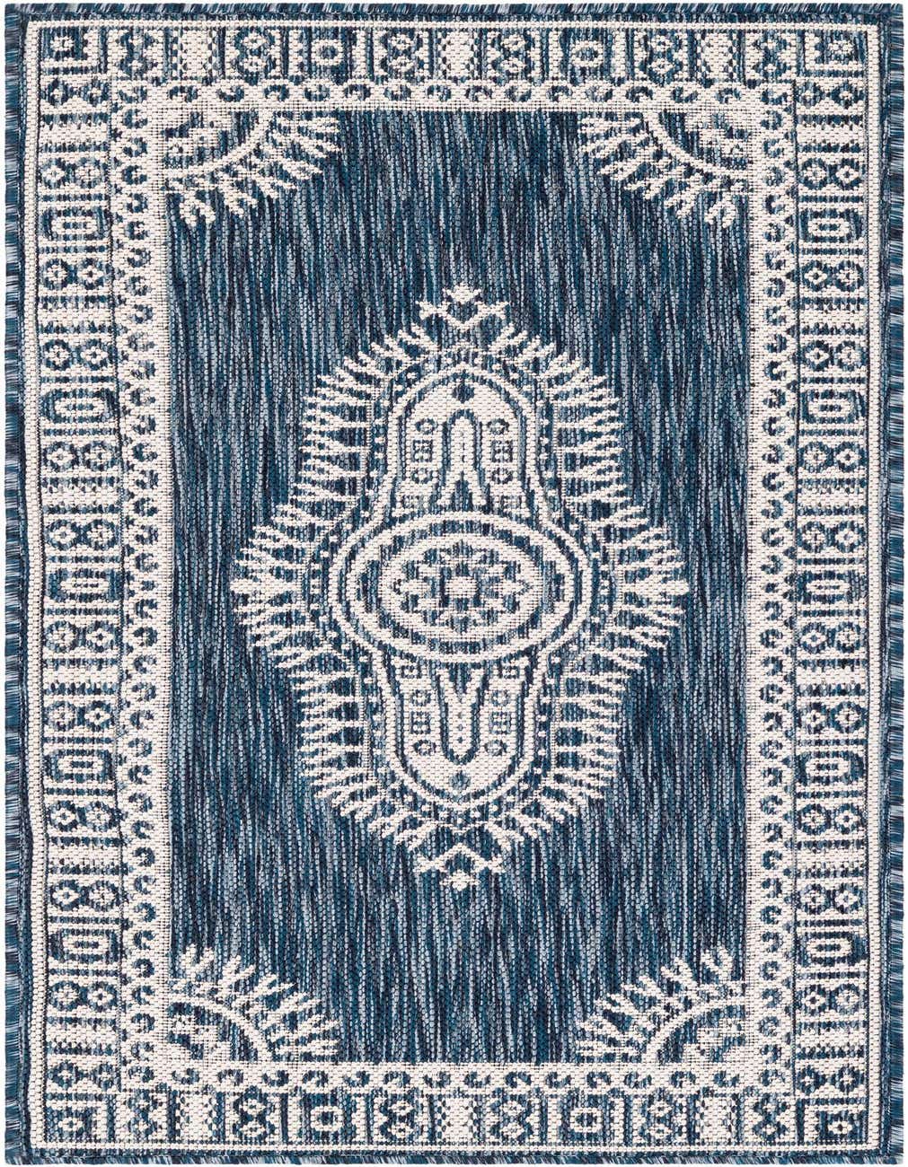 A 4 ft blue and white runner rug featuring a traditional medallion pattern and border, suitable for hallways or patios.