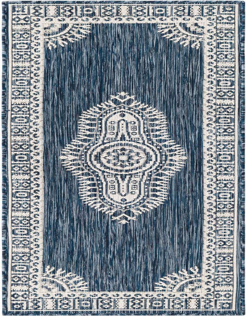 A 5 ft runner rug with a traditional medallion pattern in shades of blue and cream, suitable for a hallway or patio.
