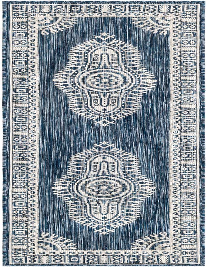 A 6 ft runner rug in shades of blue with a white traditional medallion pattern and border, suitable for hallways or patios.
