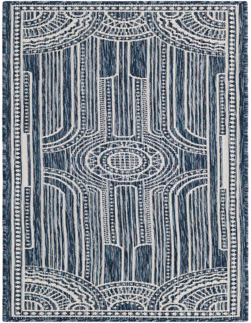 A 5 ft runner rug in shades of blue and white, featuring a traditional medallion and geometric pattern, suitable for a hallway or patio.