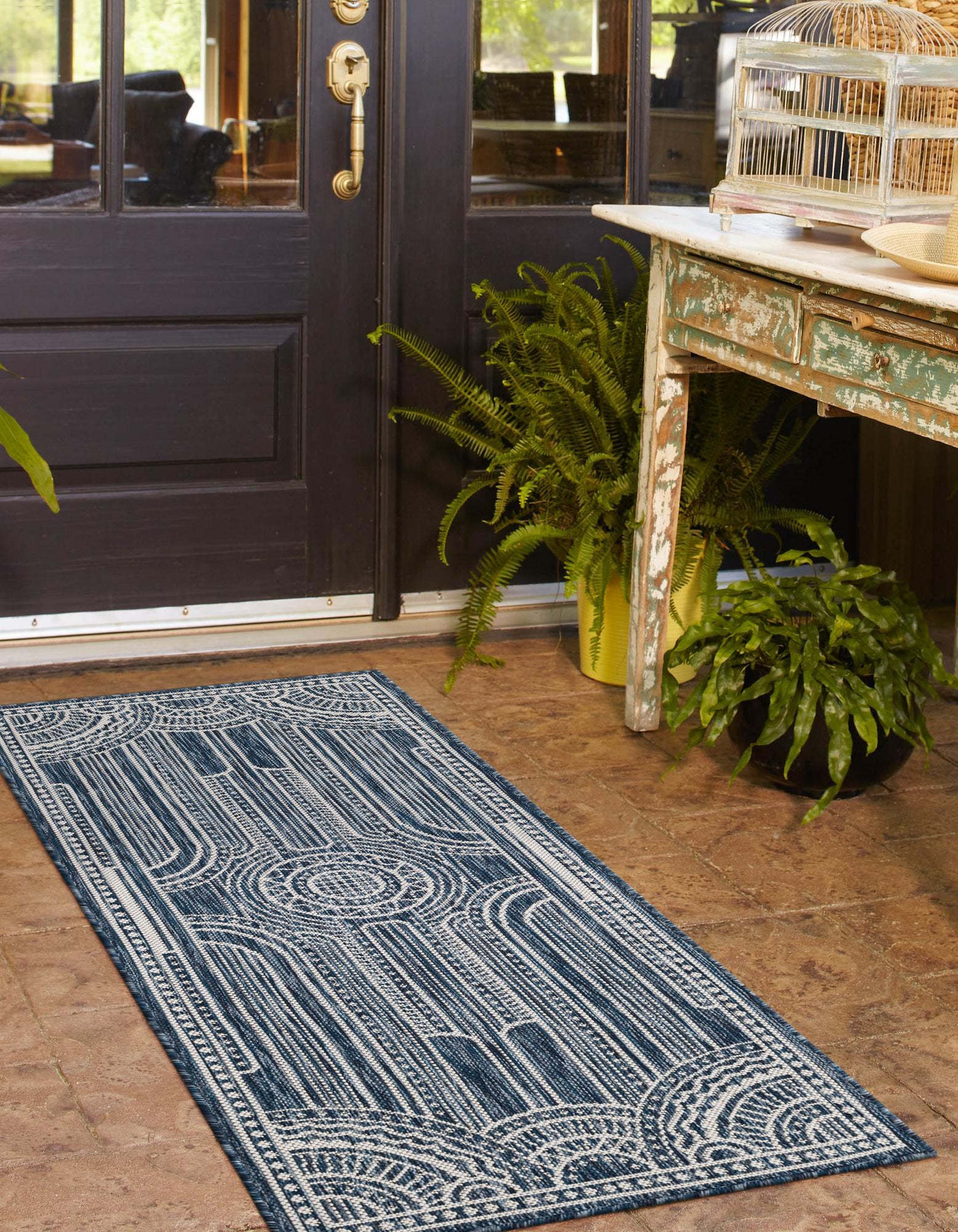 Blue 2' x 6' Traditional Indoor / Outdoor Runner Rug | Rugs.com