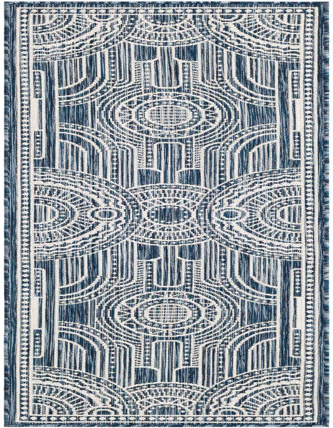 A 6 ft runner rug featuring a modern medallion pattern in varying shades of blue and white, suitable for a hallway or patio.