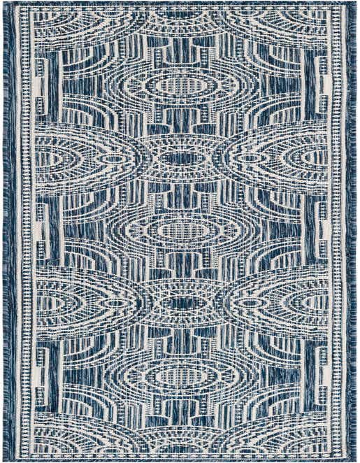 A navy blue and white 8 ft runner rug with a repeating modern medallion pattern, suitable for a hallway or patio.