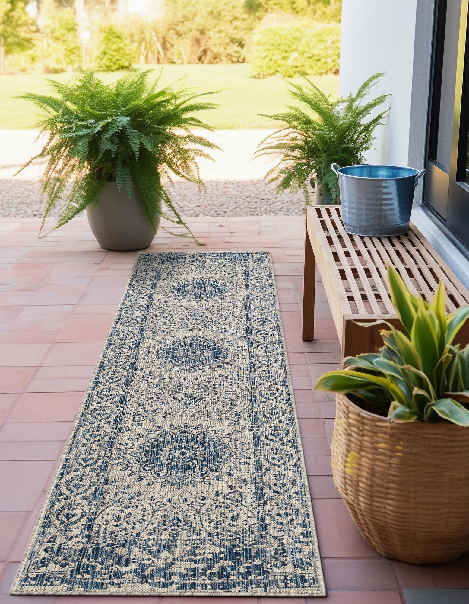 Blue 2' x 4' Traditional Indoor / Outdoor Runner Rug | Rugs.com
