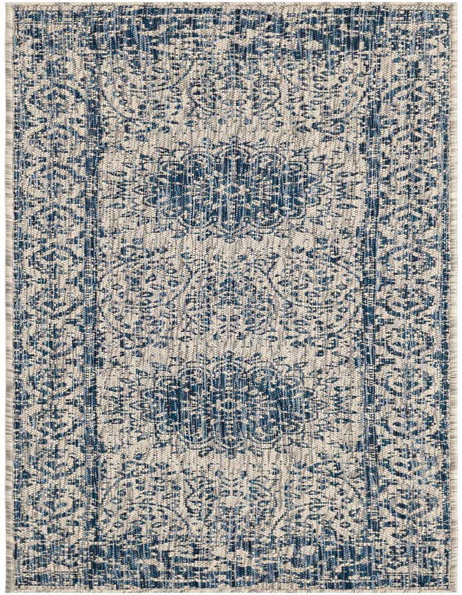 A 6 ft runner rug with a distressed blue medallion and traditional pattern on a light beige background, suitable for hallways or patios.