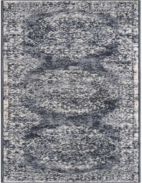 An 8 ft runner rug from the Oxford Collection, featuring a distressed traditional medallion pattern in shades of blue and cream, ideal for a hallway or kitchen.