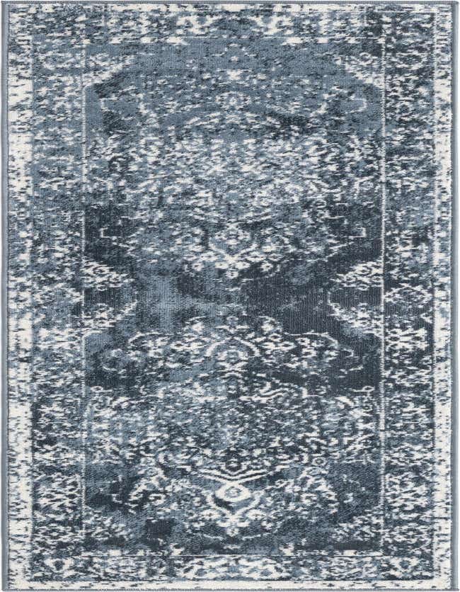 A 6 ft runner rug in shades of blue and white, featuring a distressed traditional medallion pattern, ideal for a hallway or kitchen.