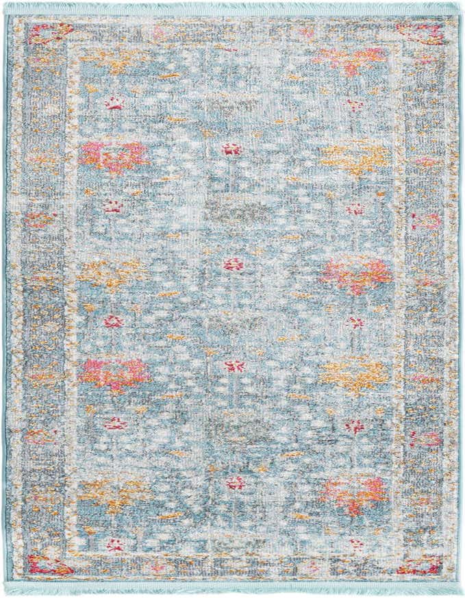 A 6 ft runner rug with a faded blue background, featuring a traditional floral pattern in pink, orange, and gray.