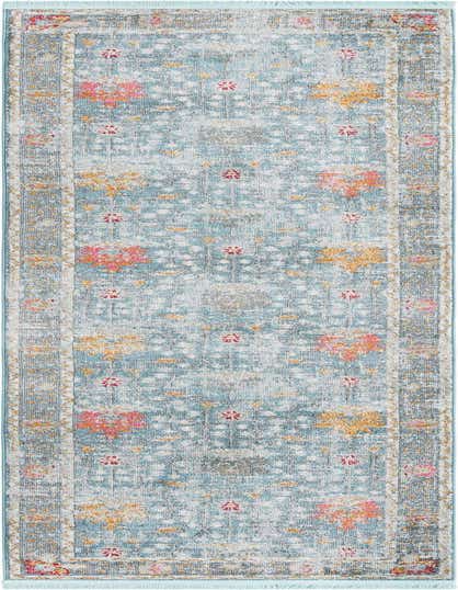 A 12 ft runner rug in a distressed traditional style, featuring blues, pinks, and gold floral patterns.