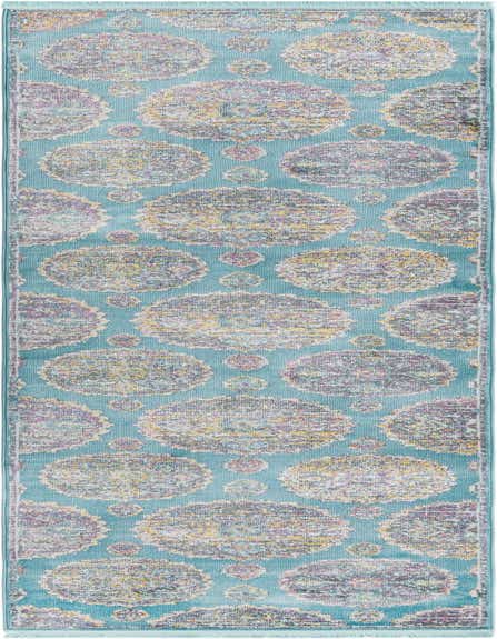 A 12 ft blue runner rug with a bohemian floral pattern in shades of purple, yellow, and gray, perfect for a hallway.