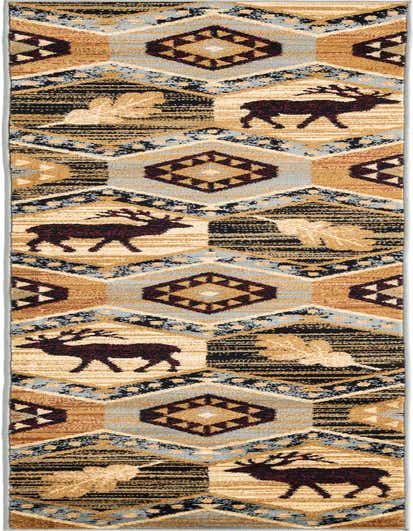 A 10 ft runner rug with a rustic tribal pattern featuring blue, black, and tan geometric shapes and deer silhouettes, ideal for a hallway.