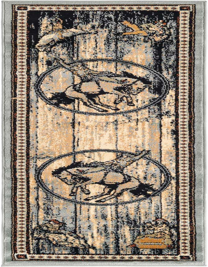 A 6 ft runner rug from the Pioneer collection featuring a distressed blue and beige background with two circular motifs of a cowboy riding a bucking horse.