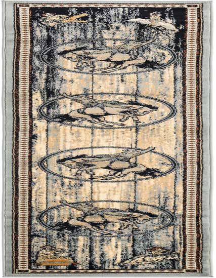 A 10 ft runner rug in shades of blue, black, and beige, featuring a distressed solid pattern with circular motifs.