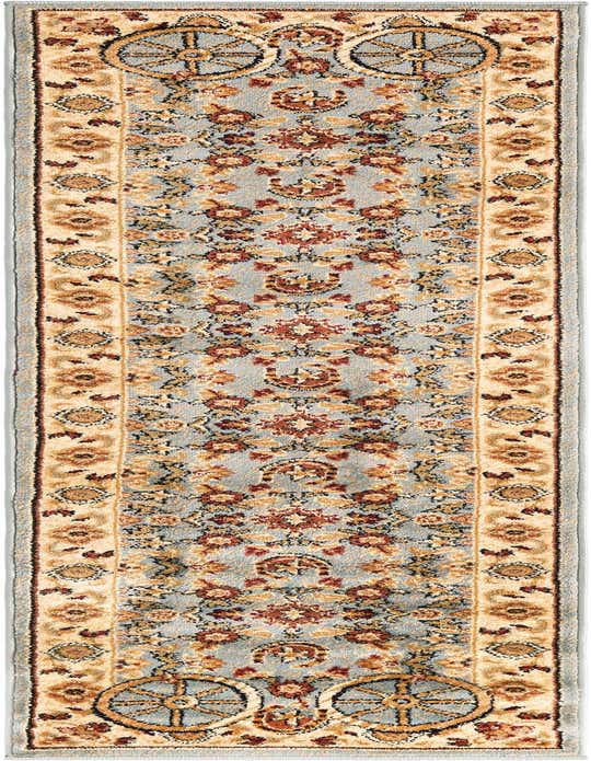 A long 8 ft blue runner rug with a rustic medallion pattern and a cream border, ideal for a hallway or kitchen.