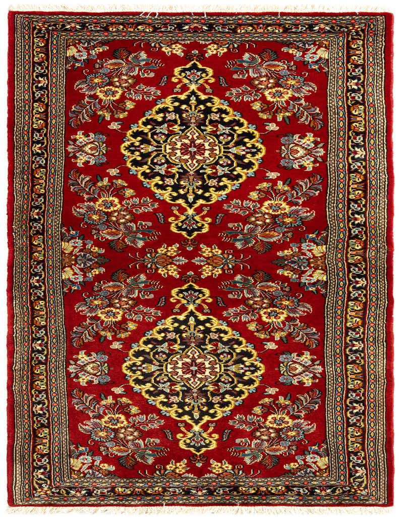 A 7 ft runner rug in a traditional Persian style, featuring a deep red field with intricate blue, gold, and black floral motifs and a detailed border.