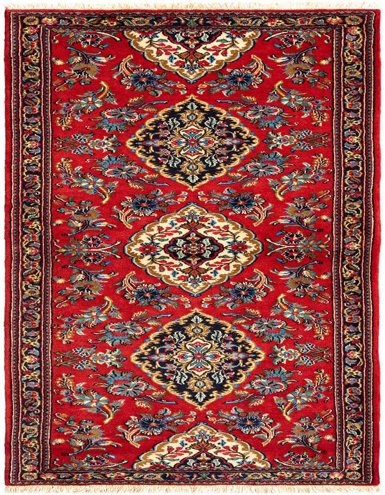 A 6 ft Qom runner rug with a traditional Persian floral pattern in blues, gold, and ivory on a vibrant red background, perfect for a hallway.