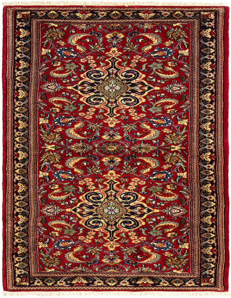 A 6 ft runner rug in a traditional Persian style, featuring a rich red background with intricate blue, gold, and green floral motifs and a dark border.