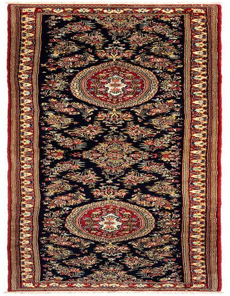 A 13 ft Qom runner rug with a dark blue background, intricate red and gold Persian floral patterns, and a detailed red border.