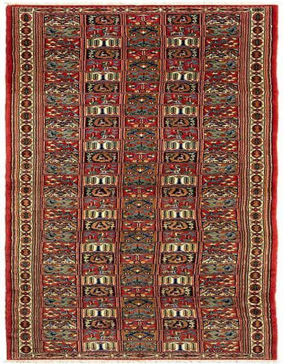 A 13 ft runner rug with a traditional Persian pattern, featuring intricate blue, red, and gold motifs in a grid layout, ideal for a hallway.