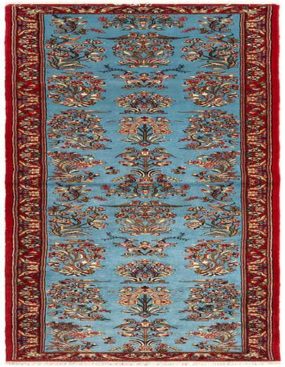 A handmade 13 ft blue Persian runner rug with a detailed floral and bird pattern, framed by a rich red border.
