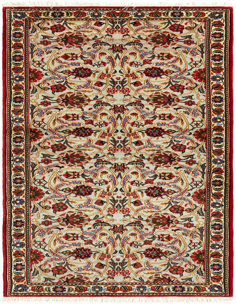 A 6 ft runner rug with a light blue field, intricate red and gold floral Persian patterns, and a deep red border.