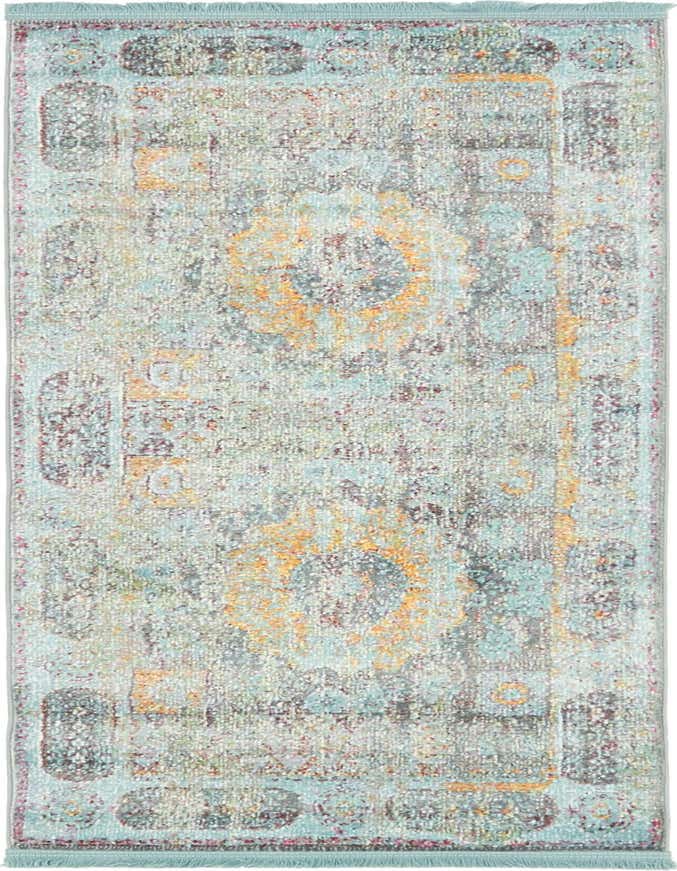 A 6 ft runner rug featuring a distressed traditional medallion pattern in shades of blue, orange, and gray, suitable for a hallway or kitchen.