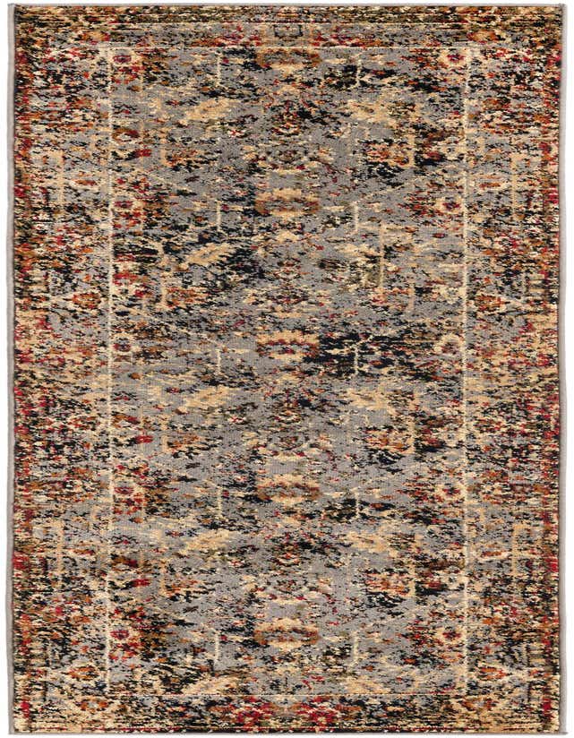 A 7 ft runner rug featuring a distressed traditional pattern in shades of blue, red, black, and beige, ideal for a hallway.