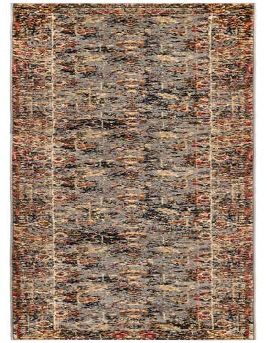 A 12 ft runner rug with a distressed traditional pattern in shades of blue, black, brown, and red, ideal for a hallway.
