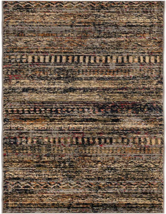 A 7 ft runner rug in the Saturn collection, featuring a distressed tribal stripe pattern in blues, browns, and black.