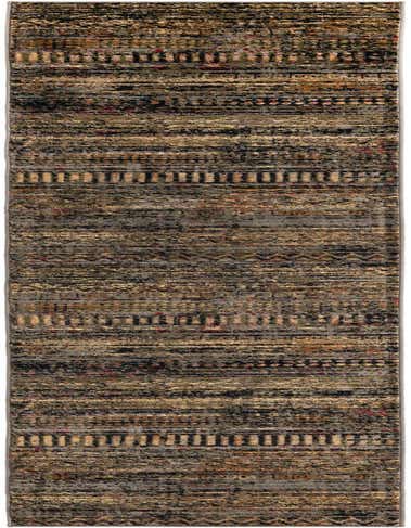A 12 ft runner rug from the Saturn collection, featuring a distressed tribal stripe pattern in shades of blue, brown, and black.