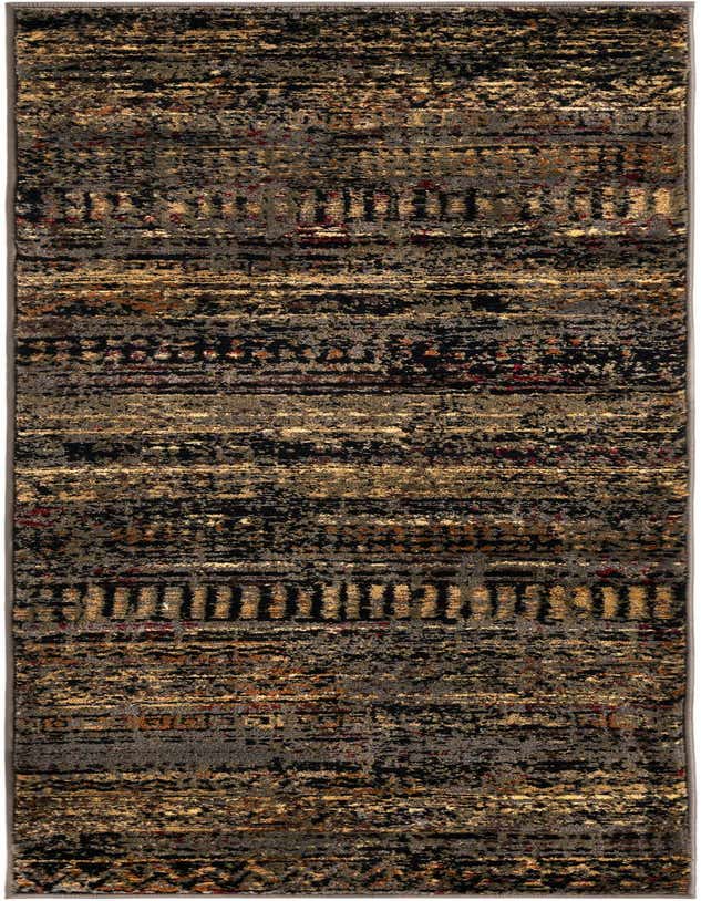 A 6 ft runner rug with a distressed blue, black, and gold tribal stripe pattern, ideal for a hallway.