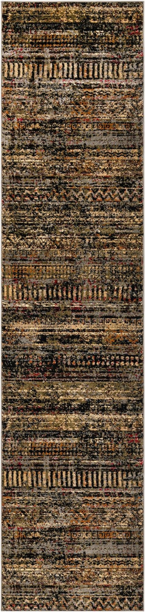 A 9 ft runner rug with a distressed tribal stripe pattern in shades of blue, black, brown, and hints of red.