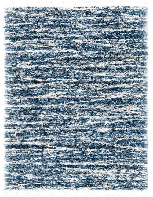A soft 8 ft Serenity Shag runner rug in varying shades of blue, white, and beige, with a textured striped pattern, ideal for a hallway.