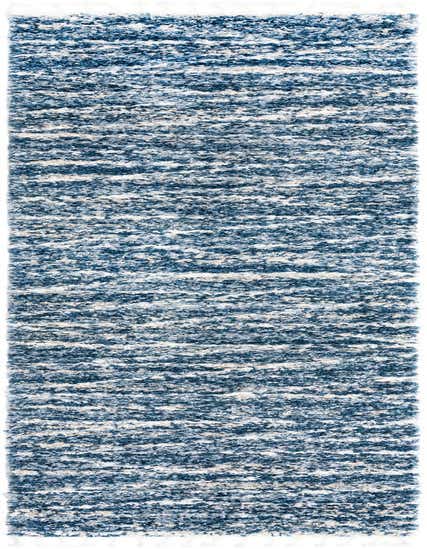 A 12 ft runner rug from the Serenity Shag collection, featuring a textured blue and white striped pattern, ideal for a hallway.