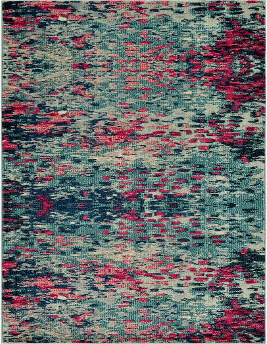 A 10 ft runner rug featuring an abstract pattern in various shades of blue, teal, and pink, with hints of dark blue and light grey, suitable for a hallway.
