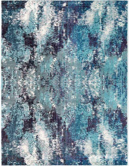 A 12 ft runner rug with an abstract modern pattern in various shades of blue, teal, and white, perfect for a hallway.