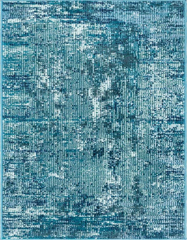 A 6 ft runner rug from the Rugs.com Starlight Collection, featuring an abstract, textured pattern in various shades of blue, ideal for a hallway.