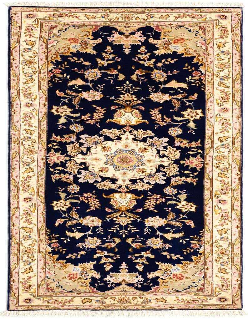 A 7 ft runner rug in a traditional Persian style, featuring a navy blue field with an intricate floral medallion pattern in cream, gold, and pink, bordered by a cream frame with delicate floral motifs.