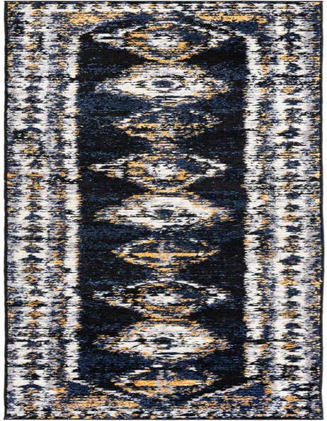 A 12 ft runner rug featuring a distressed Southwestern pattern in shades of blue, gold, and white.