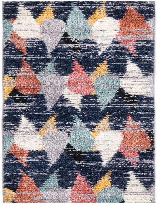 A long runner rug with a modern, textured stripe pattern in shades of blue, grey, coral, and yellow.