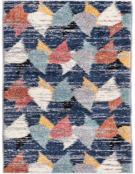 A 10 ft runner rug with a modern abstract pattern of colorful textured stripes in blues, orange, yellow, and grey.
