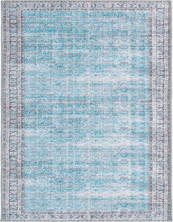 A 6 ft runner rug featuring a distressed traditional pattern in shades of blue and gray with a decorative border, ideal for a hallway.