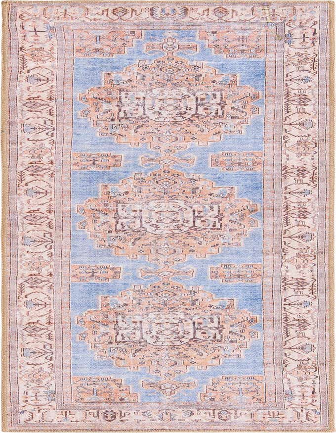 A 6 ft runner rug featuring a faded blue background with a distressed orange and beige medallion pattern, perfect for a hallway.