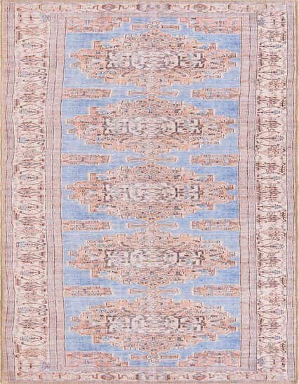A 12 ft blue runner rug with a faded peach and brown medallion and border pattern, suitable for a hallway.