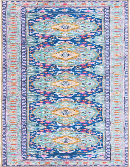 A 12 ft blue bohemian runner rug with a vibrant medallion pattern and intricate borders, ideal for hallways.