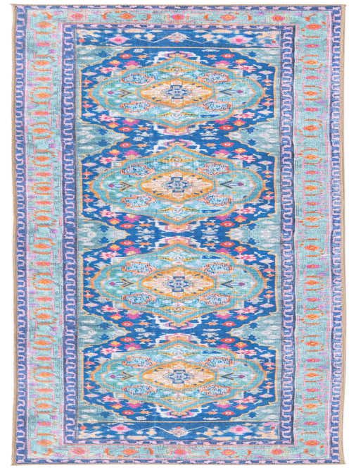 A 10 ft runner rug in shades of blue with a vibrant transitional medallion and oriental pattern, ideal for a hallway.