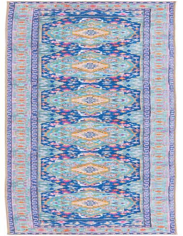 A 14 ft runner rug in shades of blue, teal, and pink with a repeating medallion and floral pattern, ideal for a hallway.