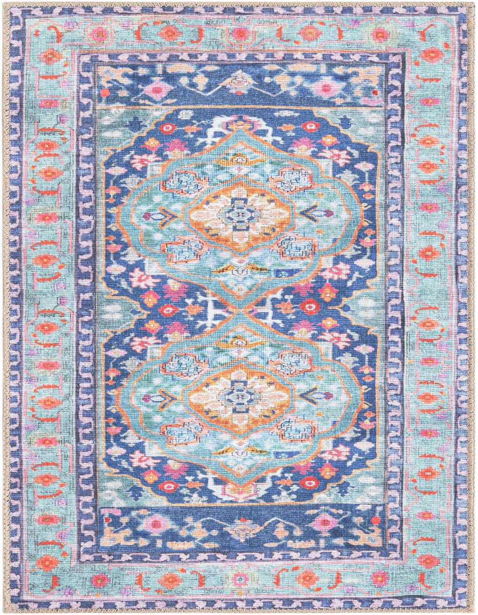 A 4 ft runner rug in shades of blue with a vibrant transitional medallion pattern, ideal for a hallway.