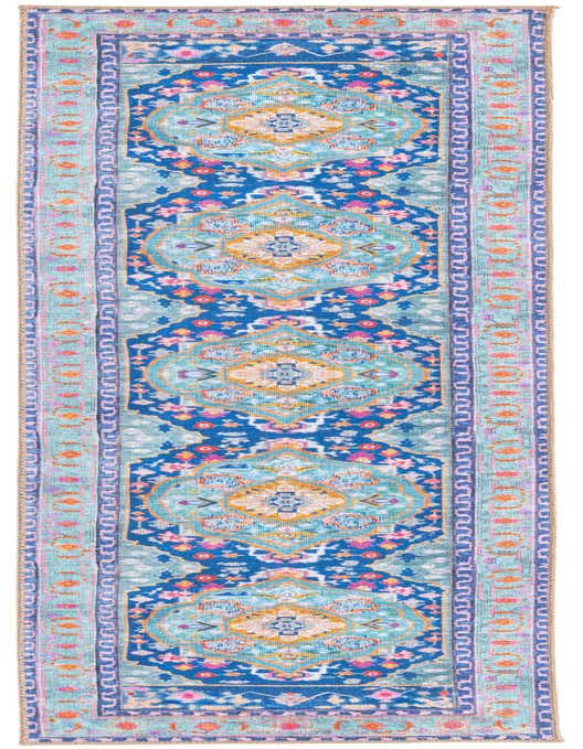 A vibrant 8 ft runner rug featuring a blue and teal medallion pattern with pink and orange accents, ideal for a hallway.