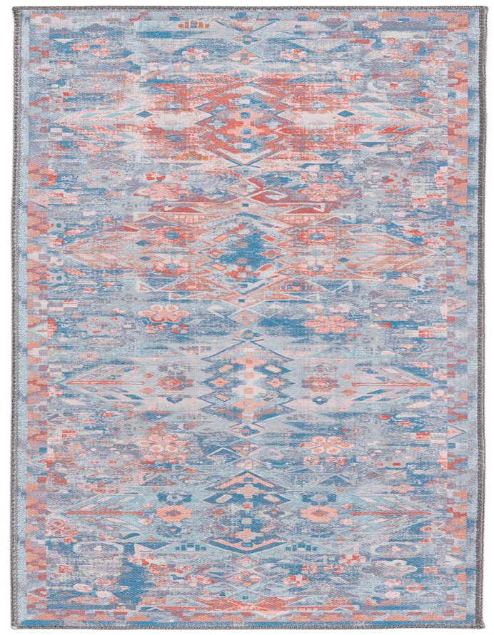A 6 ft runner rug featuring a distressed transitional tribal pattern in shades of blue, teal, and coral.